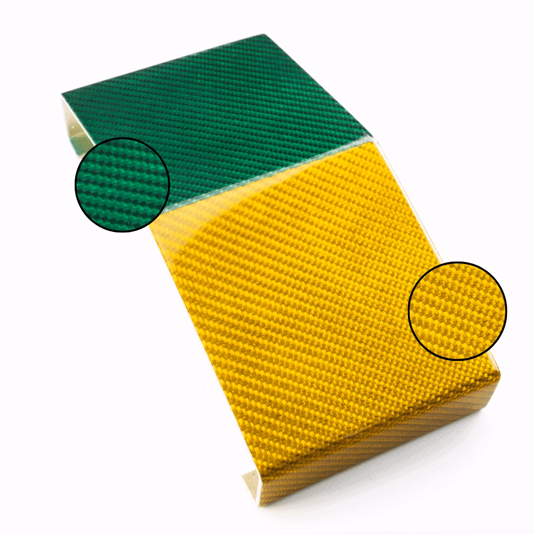 Verbundene Autofolien aus Carbon, grün und gelb, für Fahrzeugdesigns.