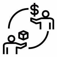 Preisverhandlung zwischen zwei Personen, symbolisiert durch Geld, Würfel und Lieferungen.