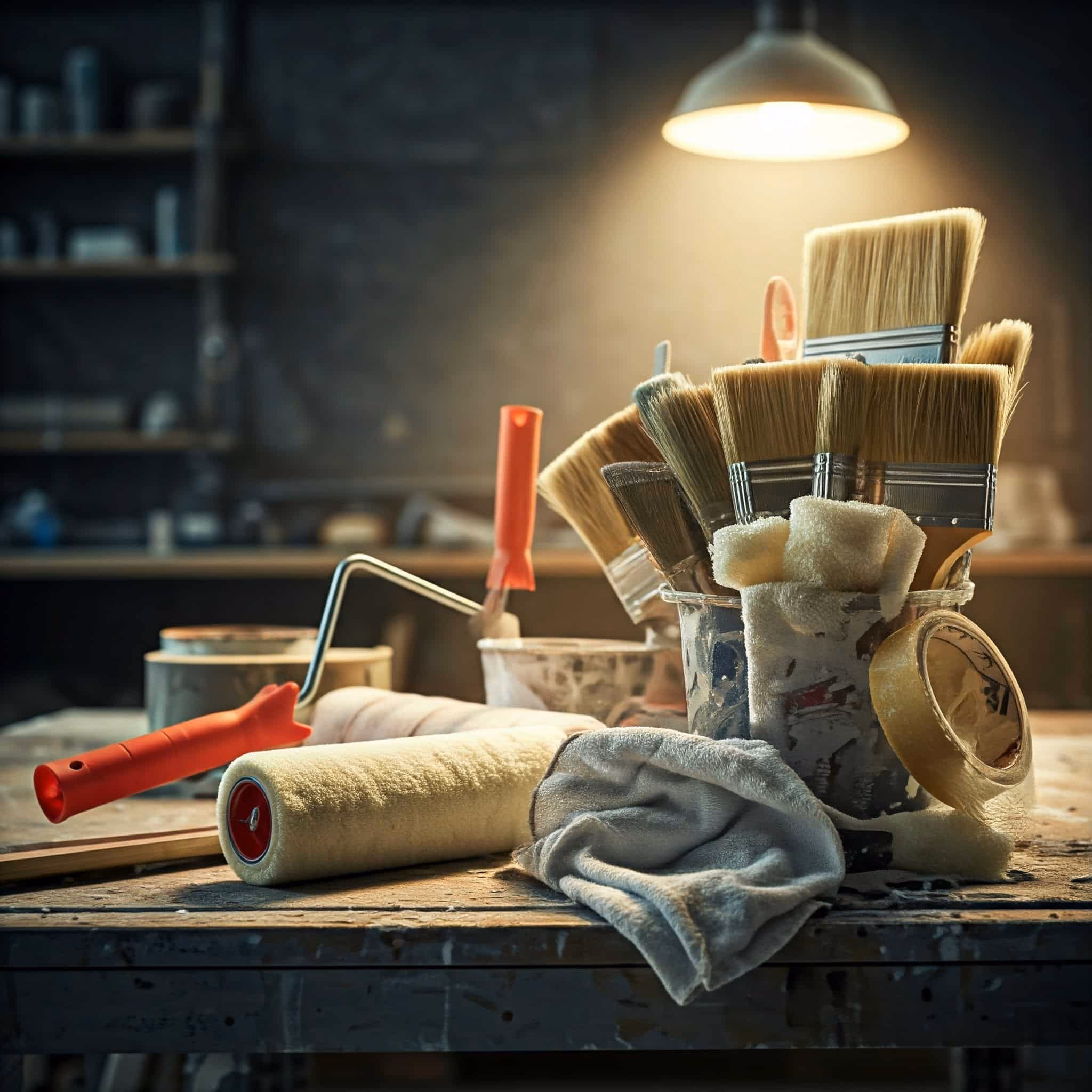 Farbpinsel, Malerrollen und Werkzeuge auf einem Tisch im Handwerksatelier.