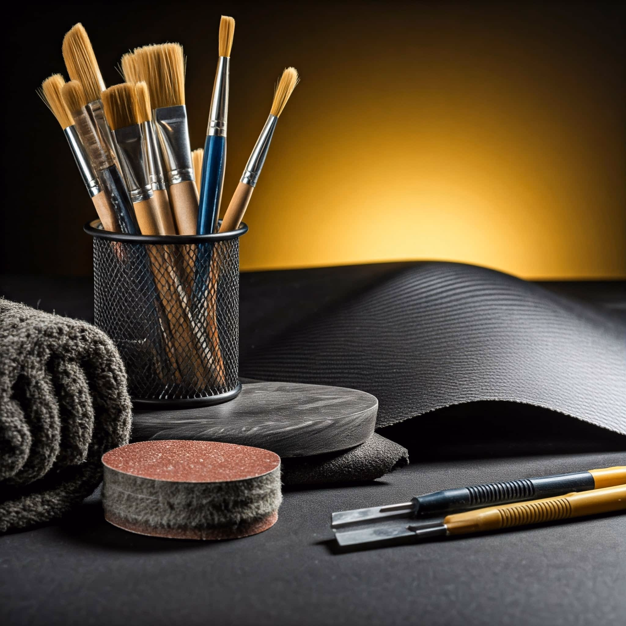 Schwarz lackierte Lederautofarben, feines Werkzeug und Pflegeprodukte für Fahrzeugpflege.