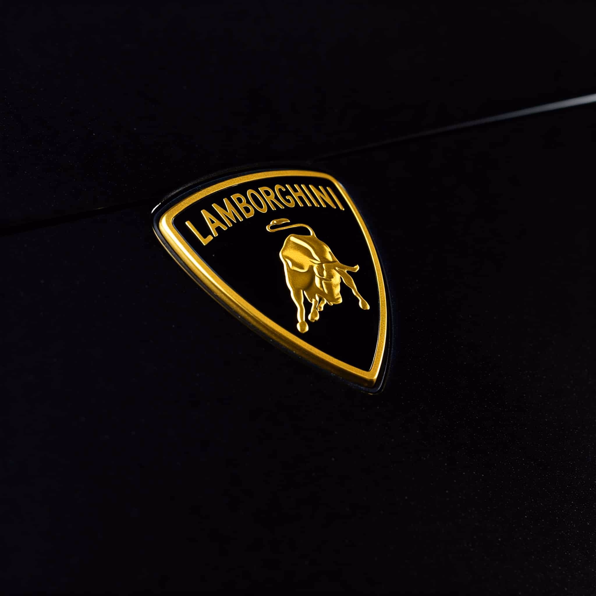 Luxus-Lamborghini Abzeichen mit schwarzem Hintergrund, goldener Veredelung und edlem Design.