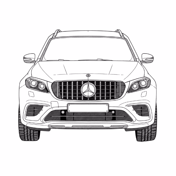 Mercedes-Benz SUV Car Outline in black and white, detailed front view.