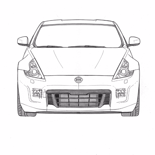 Leistungsstarker Auto-Design Skizze mit Fokus auf Karbon-Modifikationen.