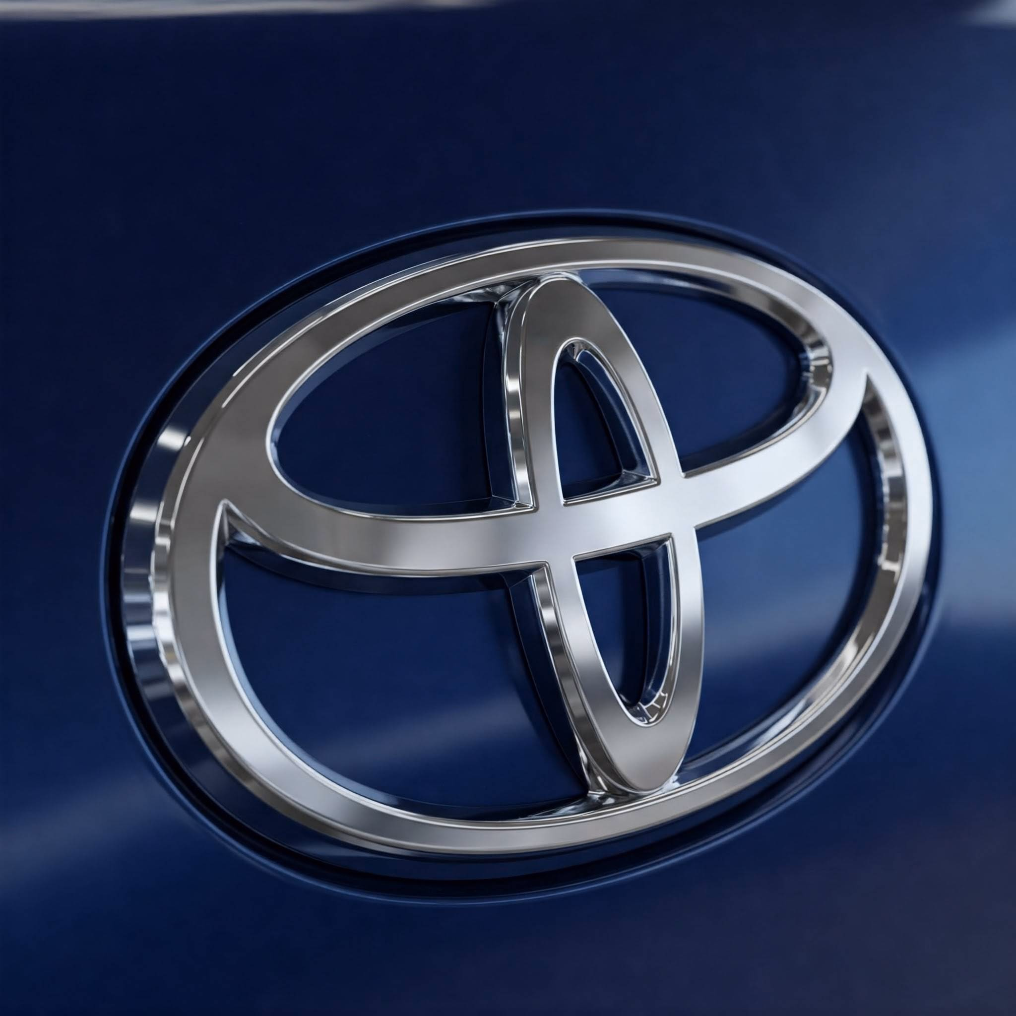 Glanzendes Toyota-Emblem auf dunklem blauen Lack, hochwertiges Fahrzeug-Design.