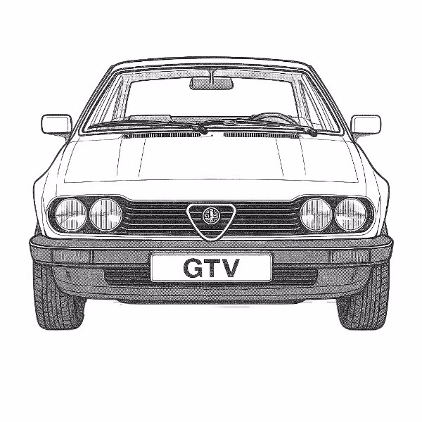 Alfa Romeo GTV Skizze, Classic Sportwagen, elegante Autodesignzeichnung, nostalgischer Automobil-Look.