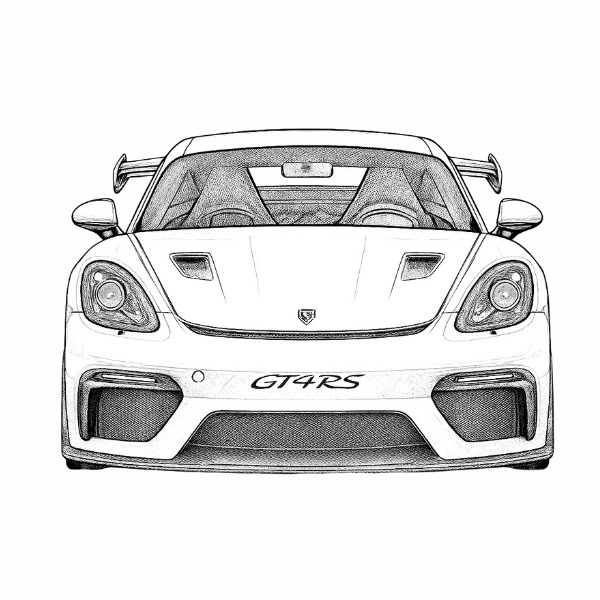 Leistungsstarke Sportwagenfront mit Carbon-Details und GT4RS-Aufschrift für exklusive Fahrzeugmodifikationen.