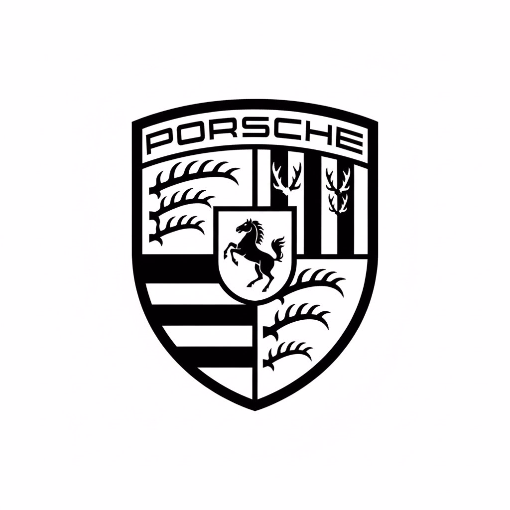 Porsche Emblem in Schwarz, Sportwagen-Design, Automobil-Logo, Carbon Modifications, Exklusive Fahrzeugteile.